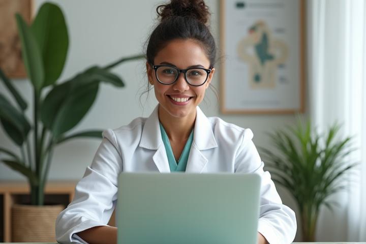 A knowledgeable wellness professional, possibly a nutritionist or coach, engaging in a virtual Q&A session on a laptop screen, with a background of health-related diagrams and a vibrant, healthy workspace.