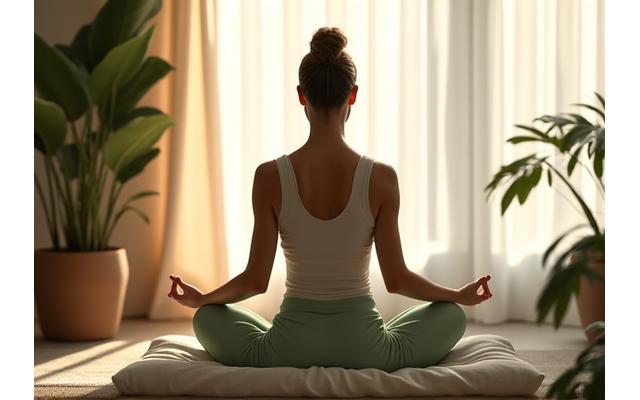 A serene woman practices meditation on a cushion, with soft lighting and natural elements